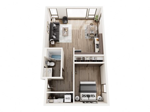 a stylized floor plan with a bedroom and a living room